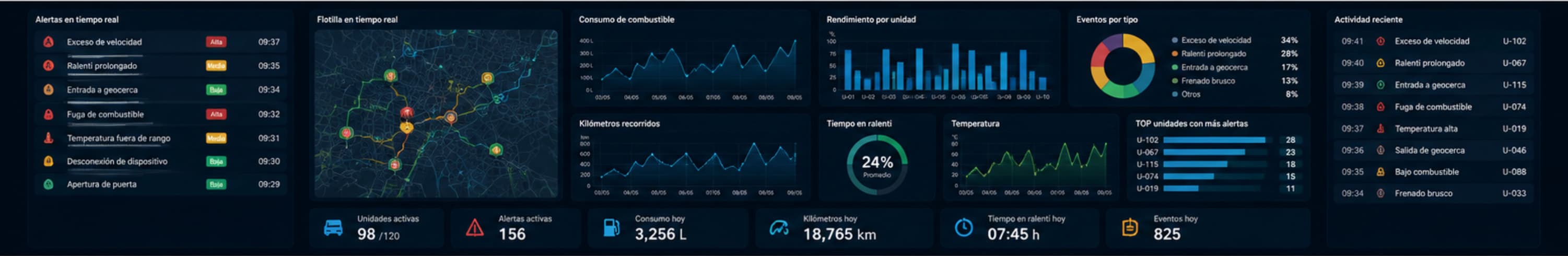 Gran cantidad de datos, alertas e indicadores generados por una flotilla