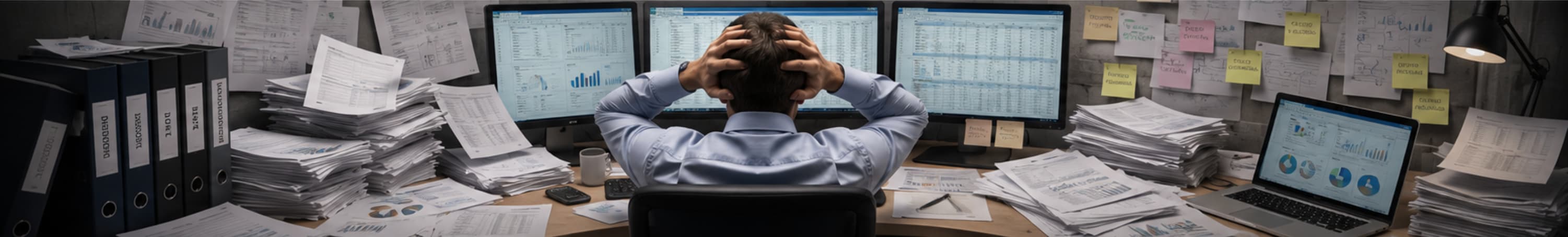 Gerente de flotillas revisando múltiples reportes y dashboards operativos